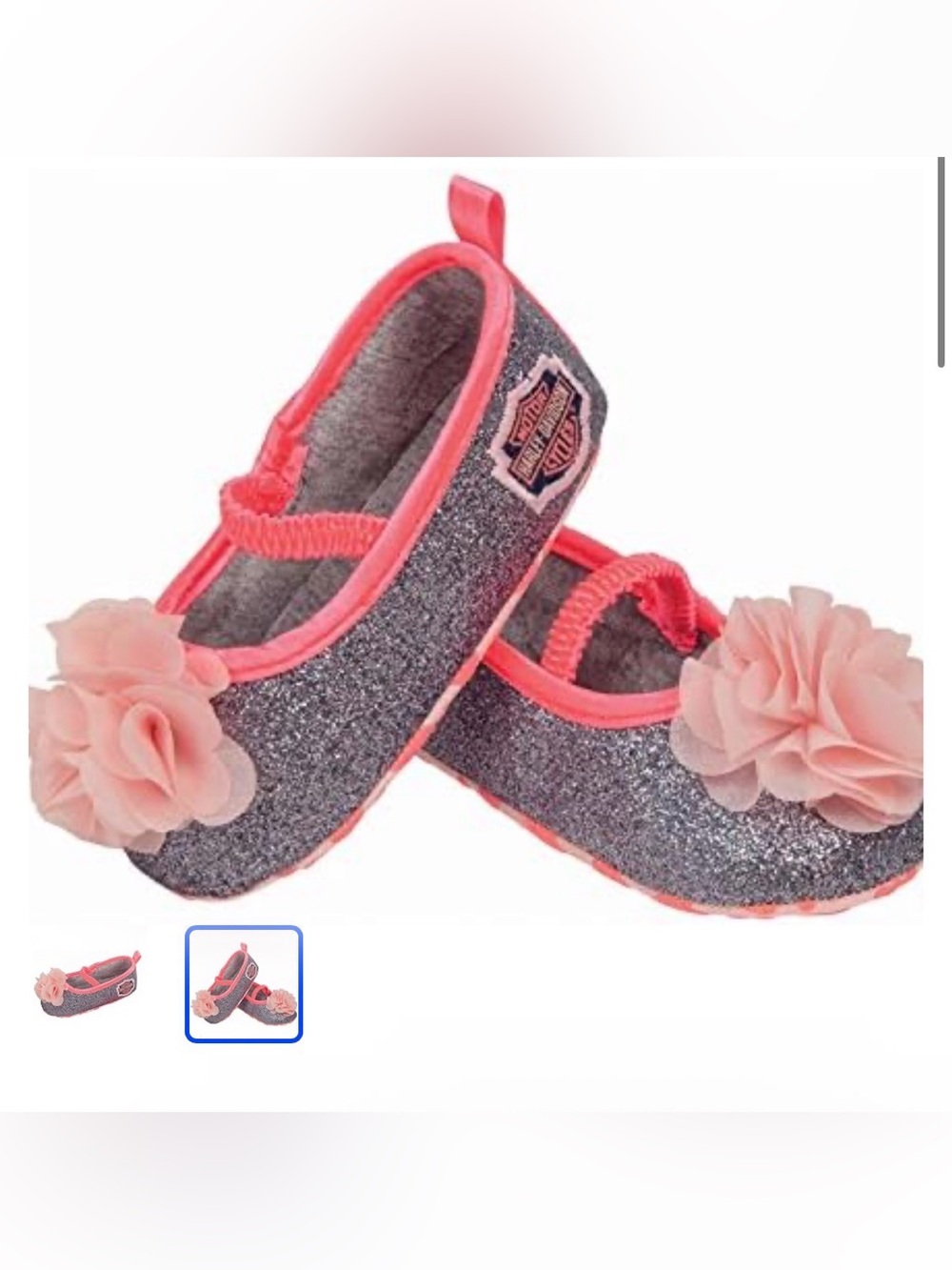Harley-Davidson Kids Gray Glitter Ballet Flats Coral Flower sz 4/5 Mary Jane